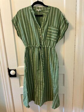 Striped Green Linen midi dress (M)
